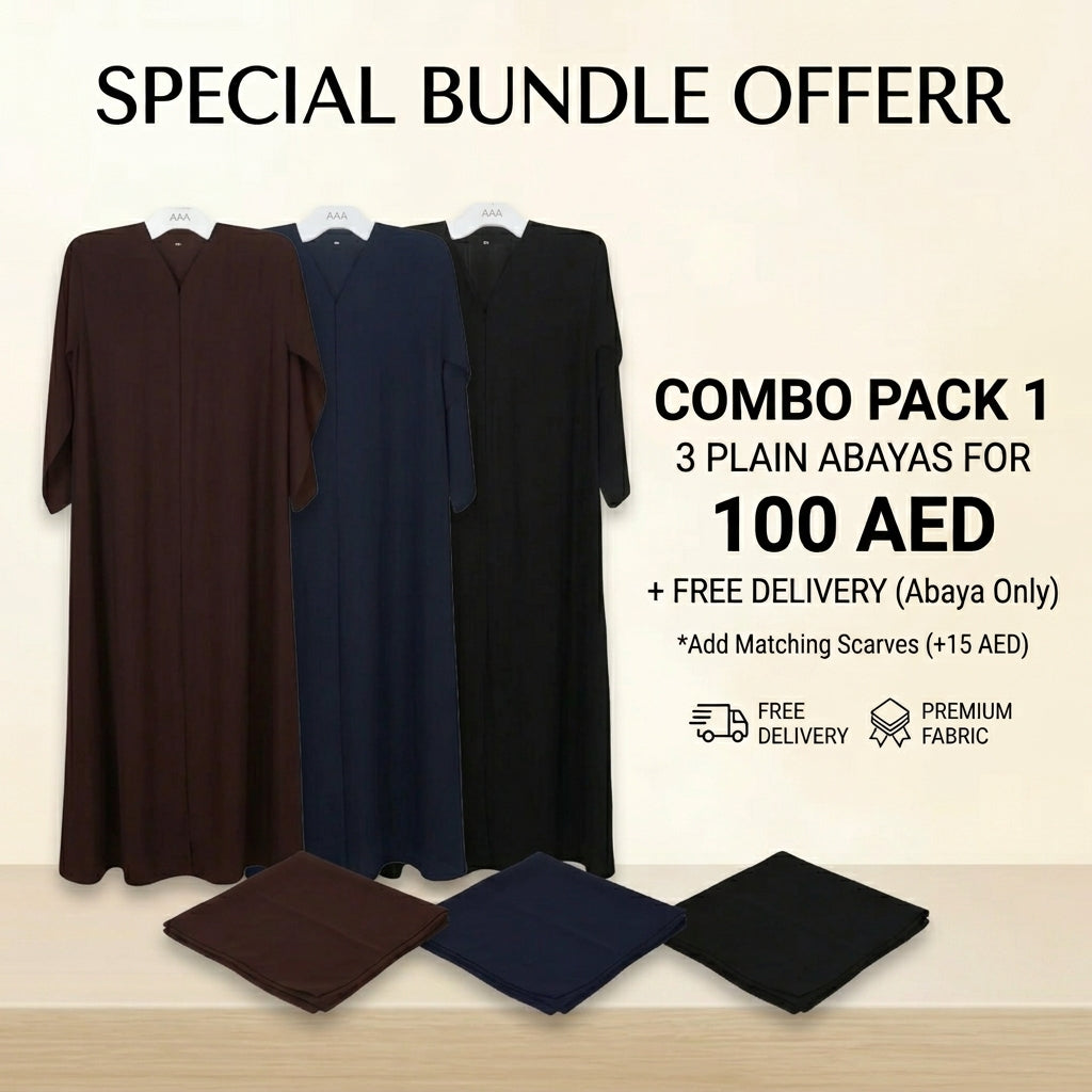 Plain Abaya Combo Pack 1 - Black, Navy Blue & Brown